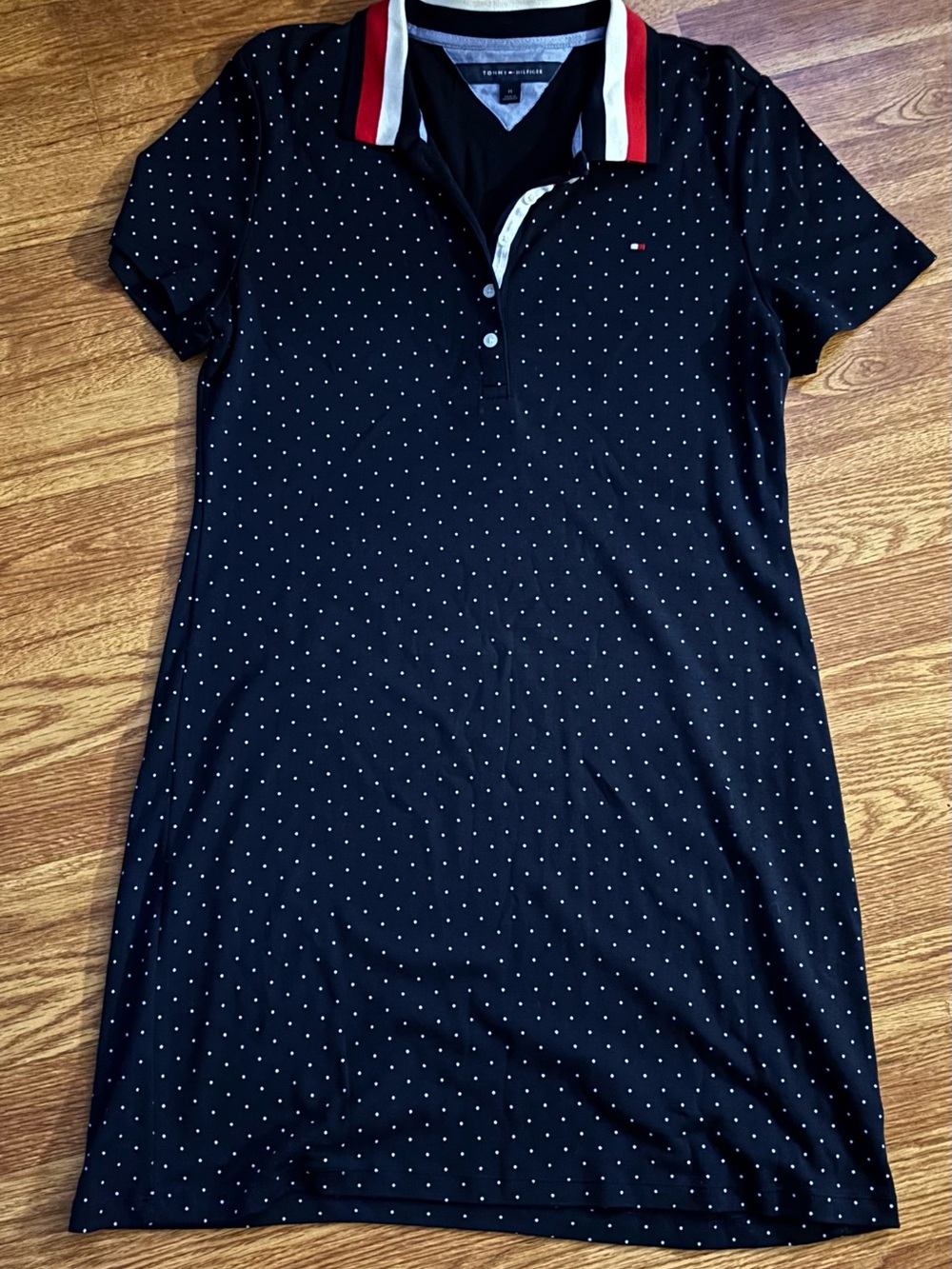 Tommy Hilfiger Navy Polo Dress with White Polka Dots and Red-Trim Collar